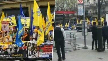 London Pro-Khalistani Supporters Protest Video: लंदन में भारतीय उच्चायोग के बाहर खालिस्तान समर्थकों का विरोध प्रदर्शन, बढ़ाई गई सुरक्षा