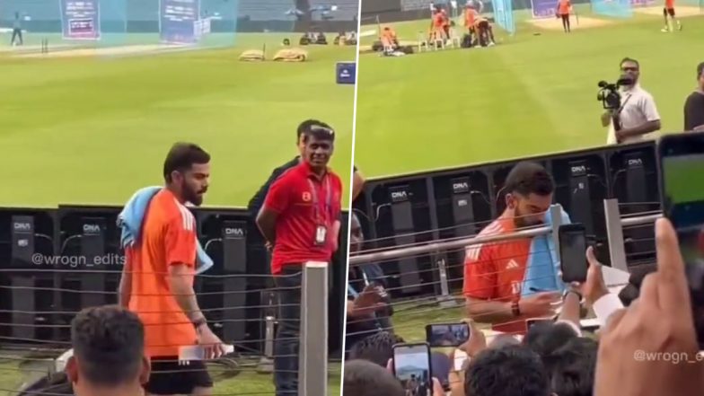 Virat Kohli Sign Autographs To Fans In Pune: पुणे में बांग्लादेश के खिलाफ विश्व कप मैच से पहले प्रैक्टिस के दौरान विराट कोहली ने फैन्स को दिए ऑटोग्राफ, देखें वायरल वीडियो