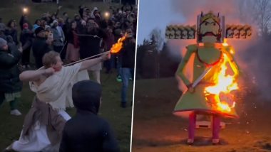 Ravan Dahan in Sweden Video: स्वीडन में लोगों ने रावण का पुतला जलाकर मनाया दशहरा, लगे जय श्री राम के नारे