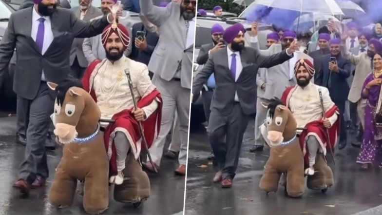 Groom Rides Toy Horse: दूल्हे ने अपनी शादी में ग्रैंड एंट्री के लिए की टॉय हॉर्स की सवारी, देखें वायरल वीडियो