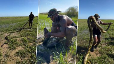 Man Catches Huge Anaconda Video: नंगे हाथों से शख्स से पकड़ा विशाल एनाकोंडा सांप, देखें वीडियो