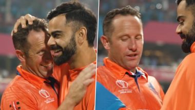 Virat Kohli Gifts His Jersey To Van Der Merwe: IND vs NED मैच के बाद विराट कोहली ने डच स्पिनर रूलोफ वैन डेर मेरवे को अपनी जर्सी उपहार में दी, देखें वीडियो