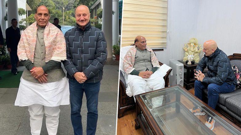 Anupam Kher Meets Rajnath Singh: अनुपम खेर की रक्षामंत्री राजनाथ सिंह से मुलाकात, एक्टर ने राजनेता की तारीफों के बांधे पुल (View Pics)