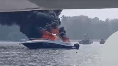 Belvedere Catches Fire at Mandwa Anchorage: महाराष्ट्र के मांडवा में केबिन क्रूजर यॉट बेल्वेडियर में लगी आग, देखें VIDEO