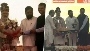 CM Shinde Felicitates PM Modi: महाराष्ट्र दौरे पर पीएम मोदी, नवी मुंबई में सीएम शिंदे ने सत्कार करने के साथ ही राम मंदिर का वास्तुशिल्प मॉडल भेंट की- VIDEO