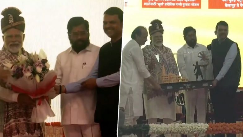 CM Shinde Felicitates PM Modi: महाराष्ट्र दौरे पर पीएम मोदी, नवी मुंबई में सीएम शिंदे ने सत्कार करने के साथ ही राम मंदिर का वास्तुशिल्प मॉडल भेंट की- VIDEO