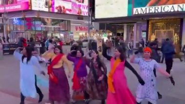 Shri Ram Welcome in Times Square! न्यूयॉर्क के टाइम्स स्क्वेयर में गूंजा राम मंदिर प्राण-प्रतिष्ठा का जयकार! देखें डांस का वीडियो