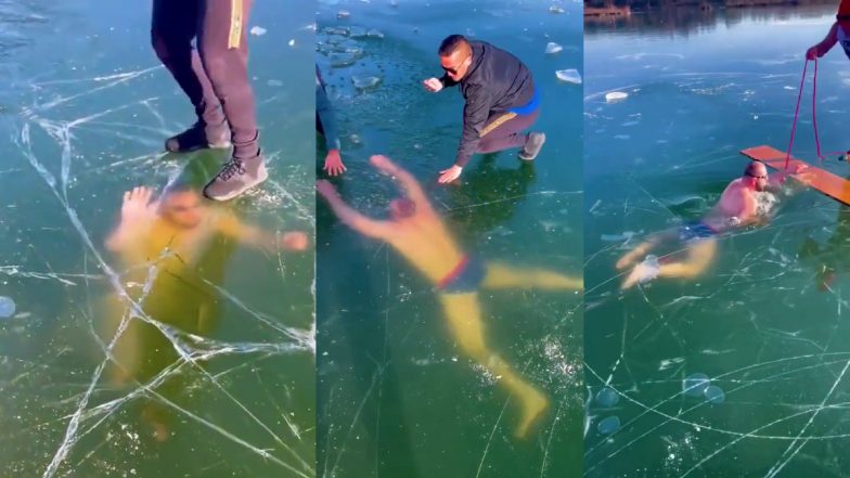 VIDEO: कुछ सेकेंड की देरी होती तो मर जाता शख्स! बर्फ की नीचे ठंडे पानी के अंदर फंसा तैराक, वीडियो देख थम जाएंगी सांसे