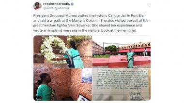President Draupadi Murmu in Port Blair: पोर्ट ब्लेयर पहुंची राष्ट्रपति द्रौपदी मुर्मू, ऐतिहासिक सेलुलर जेल का किया दौरा (Watch Tweet)