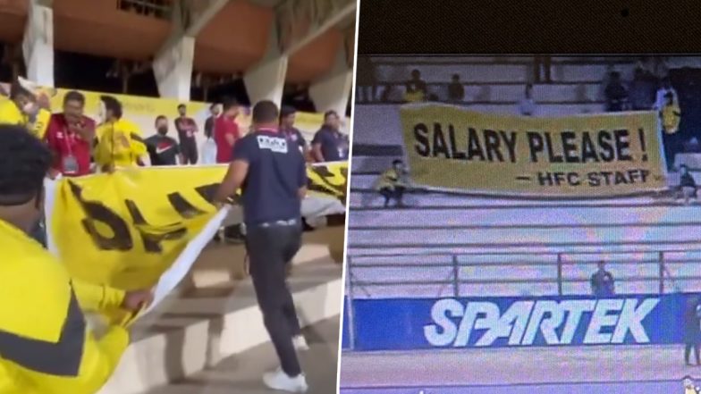 Hyderabad FC Staff Salary&nbsp;Banner: आईएसएल मैच के दौरान वेतन मांगने के लिए हैदराबाद एफसी स्टाफ ने लगाया बैनर, सुरक्षाकर्मियों ने स्टेडियम से निकाला; देखें वीडियो