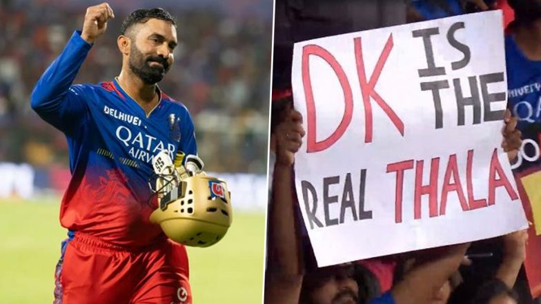 दिनेश कार्तिक के लिए 'डीके इज द रियल थाला'  प्लेकार्ड एम चिन्नास्वामी स्टेडियम में दिखा, तस्वीर हुई वायरल