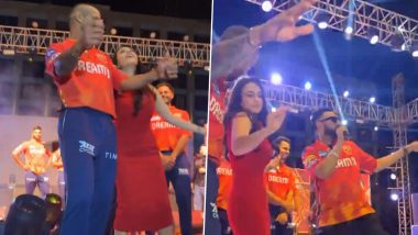 Shikhar Dhawan Dances With Priety Zinta: पंजाब किंग्स के जर्सी लॉन्च इवेंट में शिखर धवन ने स्टेज पर प्रीति जिंटा के साथ किया डांस, देखें वीडियो