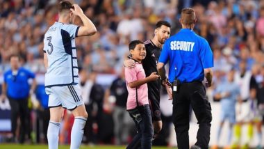 Young Fan Invades Pitch: MLS 2024 मैच के दौरान सिक्यूरिटी बैरियर तोड़ ग्राउंड पर लियोनेल मेस्सी के साथ सेल्फी लेने पहुंचा छोटा बच्चा, देखें वीडियो