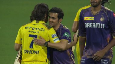 MS Dhoni Hugs Gautam Gambhir: सीएसके बनाम केकेआर IPL 2024 मैच के बाद एमएस धोनी ने गौतम गंभीर को लगाया गले, देखें तस्वीर