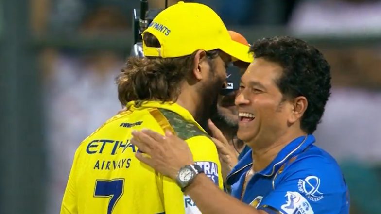 Dhoni Hugs Sachin Tendulkar: IPL 2024 मैच में MI को 20 रन से हराने के बाद एमएस धोनी ने सचिन तेंदुलकर को लगाया गले, देखें वीडियो