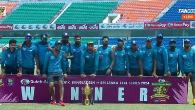 SL Beat BAN, 2nd Test 2024: श्रीलंका ने बांग्लादेश को दूसरे टेस्ट में जीत के बाद प्रैक्टिस किट में ट्राफी के साथ खिंचवाई तस्वीरें, देखें वीडियो