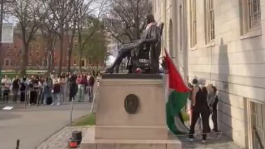 Israel-Hamas War: अमेरिका के हार्वर्ड विश्वविद्यालय में प्रदर्शनकारियों ने फहराया फिलिस्तीनी झंडा, 900 लोगों को किया गया गिरफ्तार (Watch Video)