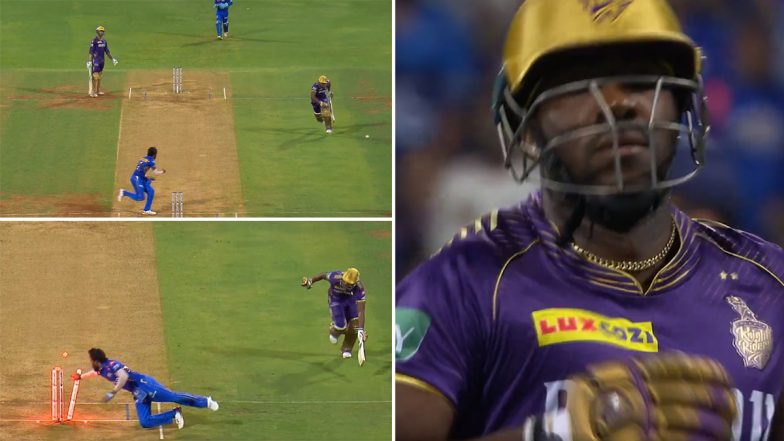 MI vs KKR: रन आउट होने के बाद गुस्से में आंद्रे रसेल ने सीढ़ी की रेलिंग पर बल्ला तोड़ने का किया प्रयास, देखें तस्वीरें