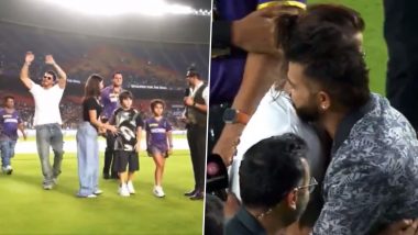 KKR vs SRH: नरेंद्र मोदी स्टेडियम में प्रशंसकों को संबोधित करते हुए शाहरुख खान ने सुरेश रैना, आकाश चोपड़ा और पार्थिव पटेल से की मुलाकात, देखें वीडियो