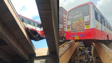 VIDEO: बेंगलुरु में डरावना हादसा, डिवाइडर से टकराकर फ्लाईओवर पर लटकी KSRTC बस, वीडियो वायरल