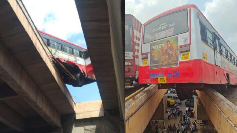 VIDEO: बेंगलुरु में डरावना हादसा, डिवाइडर से टकराकर फ्लाईओवर पर लटकी KSRTC बस, वीडियो वायरल
