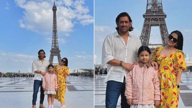 MS Dhoni Poses in Front of Eiffel Tower: एमएस धोनी ने पत्नी साक्षी और बेटी जीवा के साथ एफिल टॉवर के सामने प्यारी पारिवारिक तस्वीर खिंचवाई, देखें पोस्ट