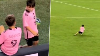 Lionel Messi’s Son Playing Football In American: इंटर मियामी अकादमी में टीममेट्स के साथ अमेरिकी फुटबॉल खेलते दिखें लियोनेल मेस्सी के बेटे माटेओ, देखें वीडियो