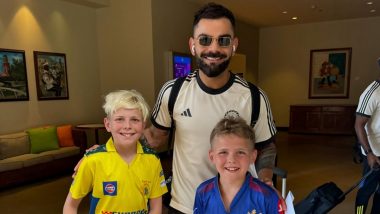 Virat Kohli Poses With Young Fan: टी20 विश्व कप सुपर 8 से पहले RCB और CSK की जर्सी में दो छोटे फैंस के साथ विराट कोहली ने खिंचवाई तस्वीरें, देखें खुबसूरत फोटो