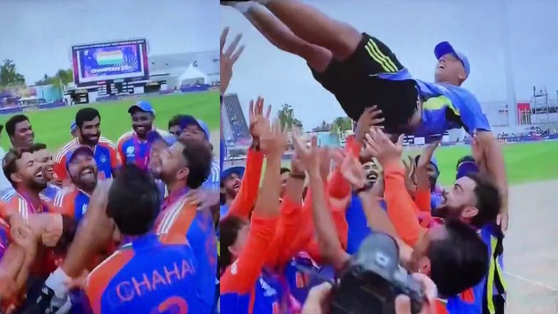 Rahul Dravid in The Air! वर्ल्ड कप जीतने के बाद टीम इंडिया ने कोच राहुल द्रविड़ को हवा में उछाल कर मनाया जश्न, देखें दिल छू लेने वाला वीडियो