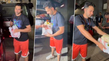 Varun Dhawan Distributes Sweets to Paparazzi: पिता बनने के बाद वरुण धवन ने पैपाराजी को बांटा मीठा, फैंस को पसंद आई एक्टर की दरियादिली (Watch Video)