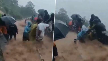 Raigad Rains Video: पानी के तेज बहाव के बीच रायगढ़ किले की सीढ़ियों पर फंसे पर्यटक, देखें डरावना वीडियो