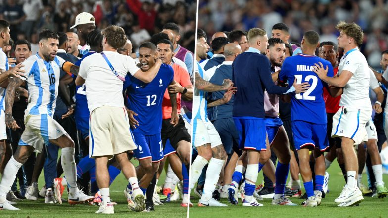 Fight In&nbsp;Paris Olympics 2024 Football Match:&nbsp;पेरिस ओलंपिक के अर्जेंटीना बनाम फ्रांस फुटबॉल मैच में चलें लात- घुसें, गुस्साए खिलाड़ी एक-दूसरे से&nbsp;भिड़े, देखें वीडियो