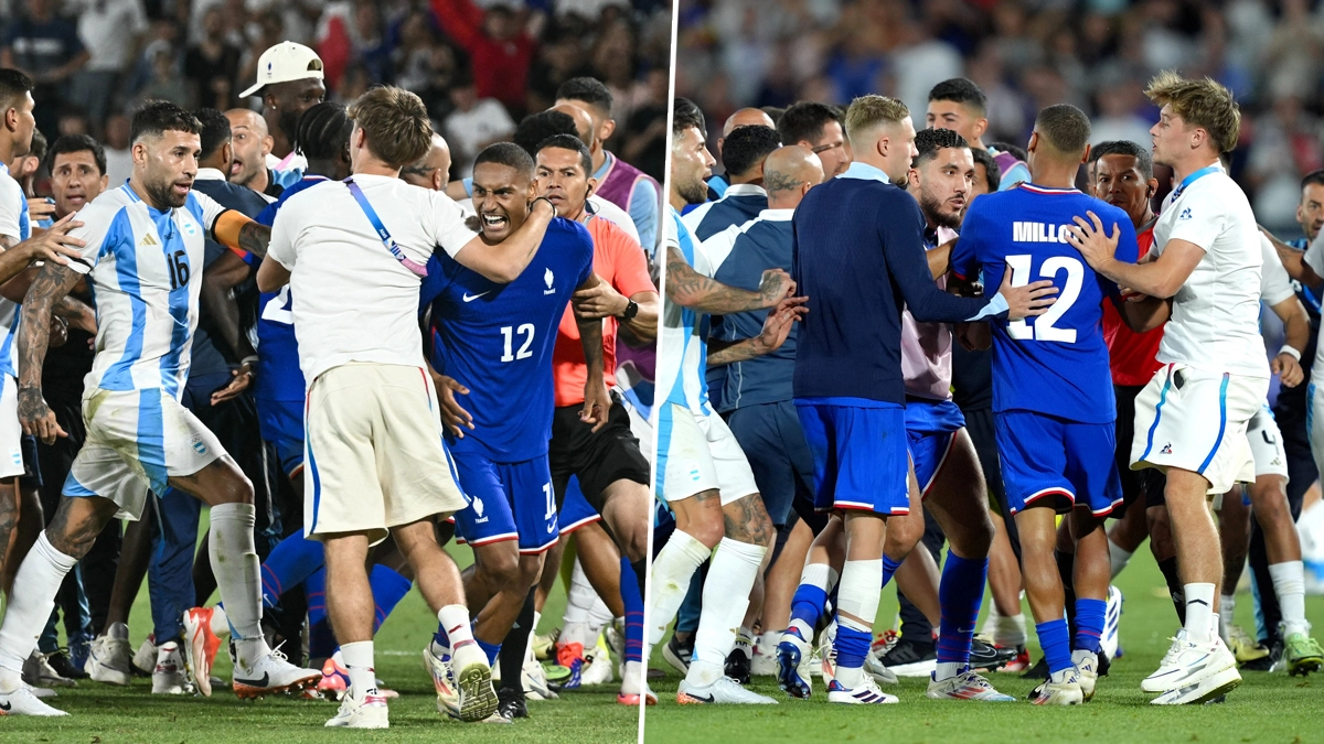 Fight In Paris Olympics 2024 Football Match: पेरिस ओलंपिक के अर्जेंटीना बनाम फ्रांस फुटबॉल मैच में चलें लात- घुसें, गुस्साए खिलाड़ी एक-दूसरे से भिड़े, देखें वीडियो