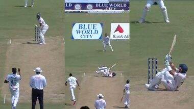 Mohammad Rizwan Falls On Crease: बांग्लादेश के खिलाफ पहले टेस्ट मैच में नाहिद राणा की गेंद पर थर्ड मैन की ओर खेलने की कोशिश में दो बार क्रीज पर गिरे मोहम्मद रिजवान, देखें वीडियो