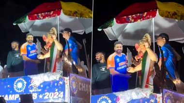 Ganpati Bappa Giving Trophy to Rohit Sharma: गणपति पूजा में टी20 वर्ल्ड कप की धूम! बप्पा ने रोहित शर्मा को दी ट्रॉफी, वीडियो हुआ वायरल