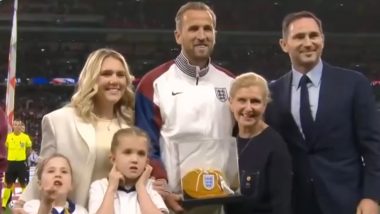 Harry Kane Receives a Special Golden Cap: हैरी केन को फिनलैंड के खिलाफ इंग्लैंड के लिए 100 मैच पूरे करने पर विशेष गोल्डन कैप मिली, देखें वीडियो