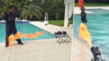 Robot Dog Shot Flames at YouTuber: लाइव शो के दौरान खराब हुए रोबोट डॉग ने यूट्यूबर पर दागी आग की लपटें, जान बचाने के लिए पानी में कूदा शख्स