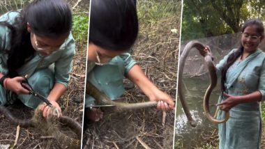 Woman Rescues Huge Snake: बहादुर महिला ने जाल में फंसे सांप तालाब से किया रेस्क्यू, नेट काटकर सिर को निकाला