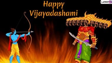 Vijayadashami Images & Ravan Dahan HD Wallpapers for Free Download Online: विजयादशमी पर ये WhatsApp Stickers और GIF Greetings भेजकर दशहरा की दें बधाई