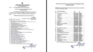 J&K Govt Holiday List 2025: जम्मू-कश्मीर सरकार ने 2025 के लिए जारी किया छुट्टियों का कैलेंडर, जानें कब-कब रहेंगे सार्वजनिक अवकाश