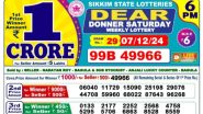 Sikkim State Lottery Results Today, 7th December 2024 : सिक्किम ''Dear Donner Saturday'' विकली लॉटरी रिजल्ट जारी, पहला इनाम 1 करोड़ रुपये; देखें पूरी लिस्ट