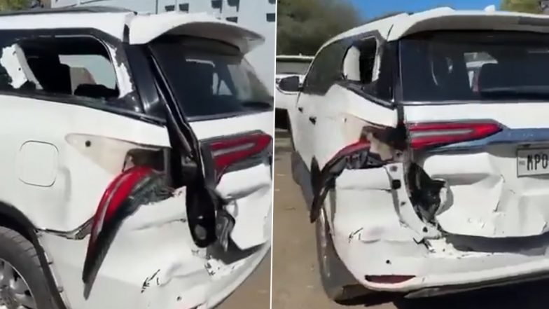 Congress President&rsquo;s Car Accident: MP के कांग्रेस अध्यक्ष जीतू पटवारी की कार को मारी ट्रक ने पीछे से टक्कर, स्टाफ और वे सही सलामत, भोपाल इंदौर हाईवे पर हादसा (Watch Video)