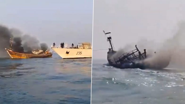 The Boat Caught Fire: अलीबाग के पास समुद्र में जा रही बोट में लगी आग,18 लोग थे सवार, सभी सुरक्षित, वीडियो आया सामने (Watch Video)