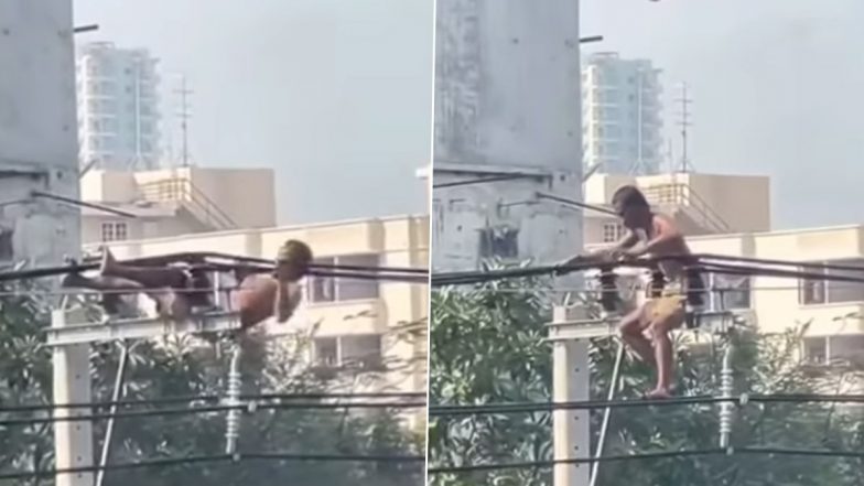 Man Doing Workout on Live Wires: बिजली के तारों पर वर्कआउट करते दिखा शख्स, इंटरनेट पर वीडियो वायरल