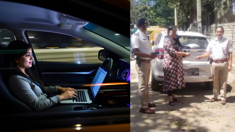 VIDEO: वर्क फ्रॉम कार! बेंगलुरु में गाड़ी चलाते समय लैपटॉप पर काम करने वाली महिला पर 1000 रुपये का जुर्माना