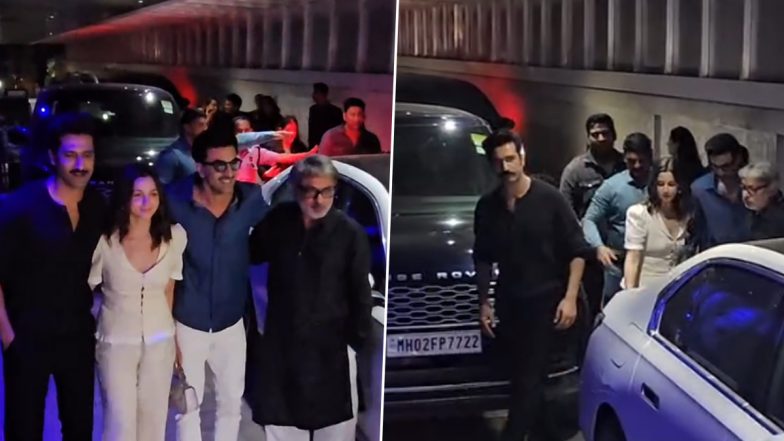 Ranbir, Alia, Vicky Spotted with Bhansali: रणबीर-आलिया और विक्की कौशल संजय लीला भंसाली संग हुए स्पॉट, फैंस ने लुटाया प्यार (Watch Video)