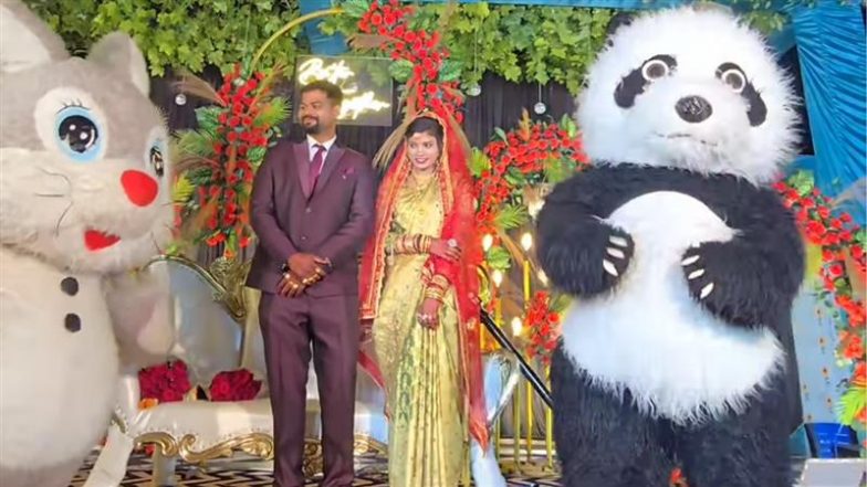 वरमाला के लिए स्टेज पर खड़े थे दूल्हा-दुल्हन तभी उनके पास पहुंच गए खरगोश और पांडा, फिर जो हुआ… देखें Viral Video