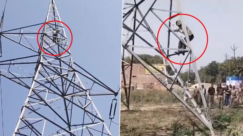 Man Climbing Electricity Pole: तहसील प्रशासन की लापरवाही के कारण हाई टेंशन पोल पर चढ़ा किसान, घंटों की मशक्कत के बाद पुलिस ने उतारा निचे, फिरोजाबाद की घटना (Watch Video)