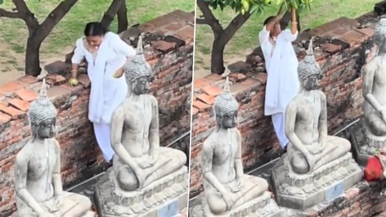 Viral Video: थाईलैंड में महिला पर्यटक ने मंदिर के अंदर बुद्ध की मूर्ति पर चढ़ कर आम तोड़े, वायरल वीडियो से लोगों में आक्रोश