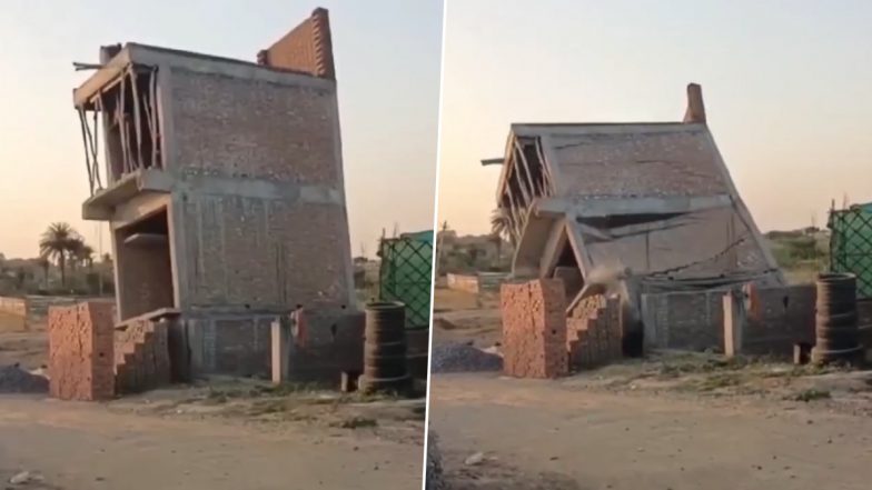 VIDEO: मिट्टी धंसने के कारण दो मंजिला निर्माणाधीन बिल्डिंग हुई जमींदोज, लोगों की बच गई जान, जालौन के उरई इलाके का वीडियो आया सामने